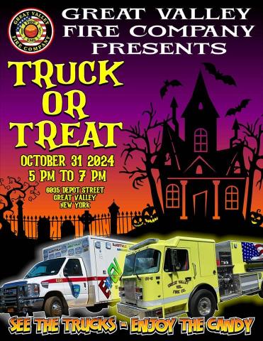 Poster for the Truck or Treat event on October 31, 2024 at the Great Valley Fire Hall